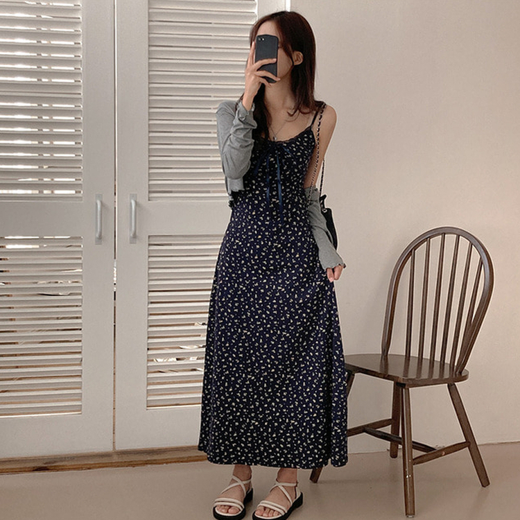 더스트 플라워 리본 뷔스티에 나시 원피스 가디건 투피스 세트 네이비