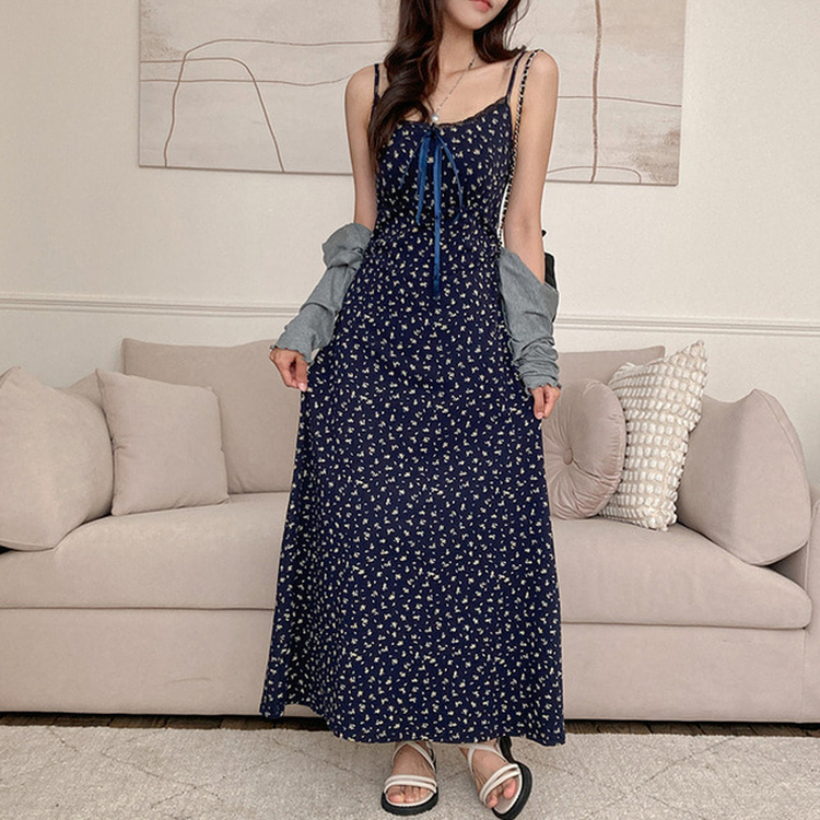 더스트 플라워 리본 뷔스티에 나시 원피스 가디건 투피스 세트 네이비