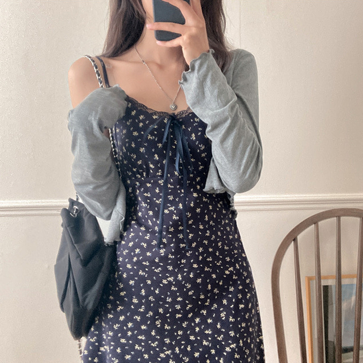 더스트 플라워 리본 뷔스티에 나시 원피스 가디건 투피스 세트 네이비