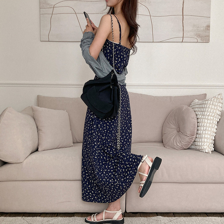 더스트 플라워 리본 뷔스티에 나시 원피스 가디건 투피스 세트 네이비