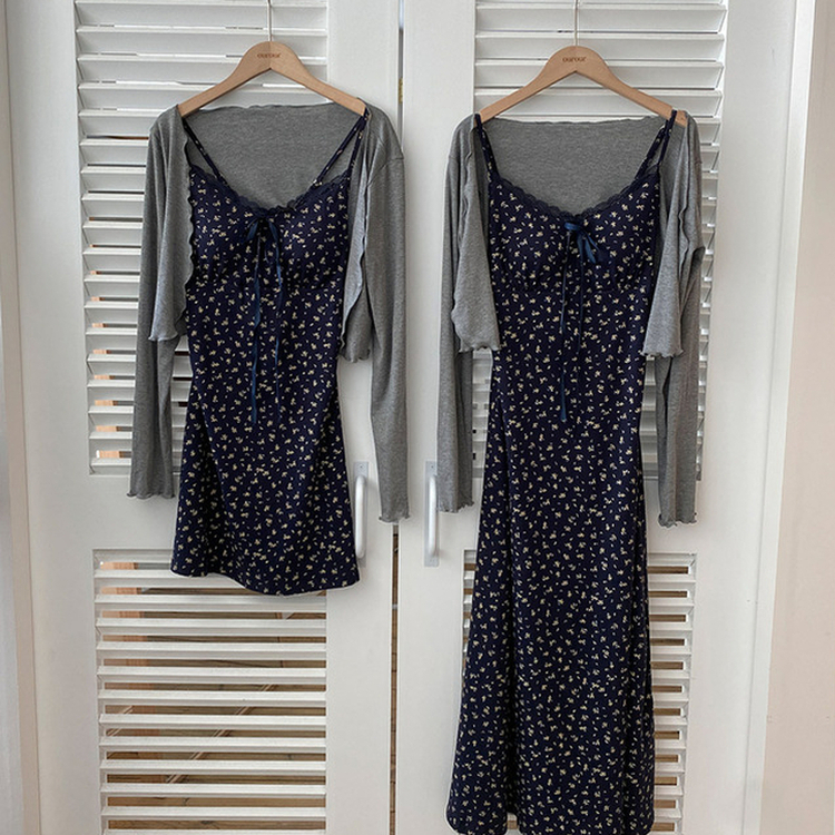 더스트 플라워 리본 뷔스티에 나시 원피스 가디건 투피스 세트