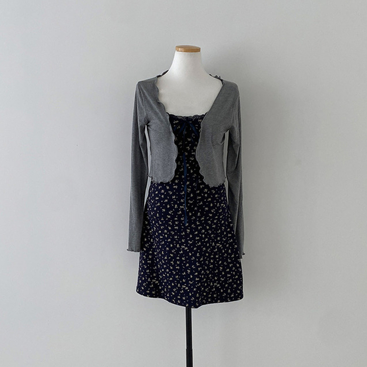 더스트 플라워 리본 뷔스티에 나시 원피스 가디건 투피스 세트