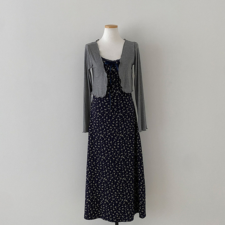 더스트 플라워 리본 뷔스티에 나시 원피스 가디건 투피스 세트