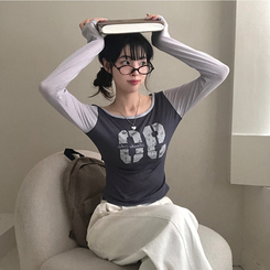 배색 90 뒷트임 긴팔 티셔츠 차콜