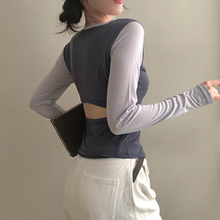 배색 90 뒷트임 긴팔 티셔츠 차콜