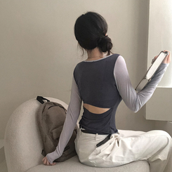 배색 90 뒷트임 긴팔 티셔츠 차콜