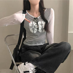 배색 90 뒷트임 긴팔 티셔츠 그레이