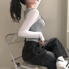 배색 90 뒷트임 긴팔 티셔츠 그레이