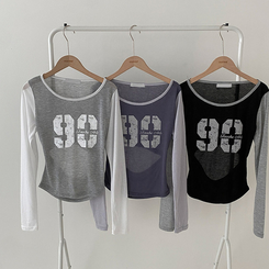 배색 90 뒷트임 긴팔 티셔츠