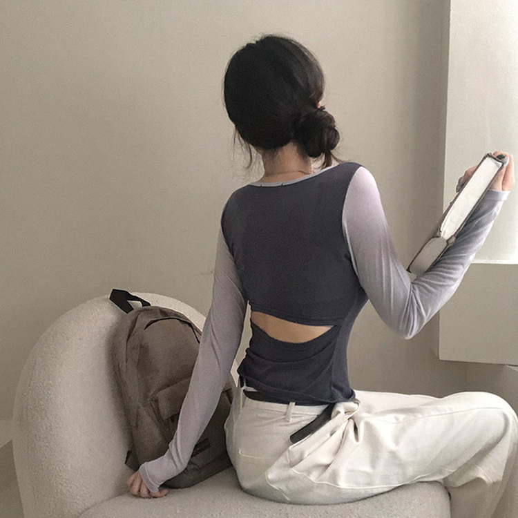 배색 90 뒷트임 긴팔 티셔츠 차콜