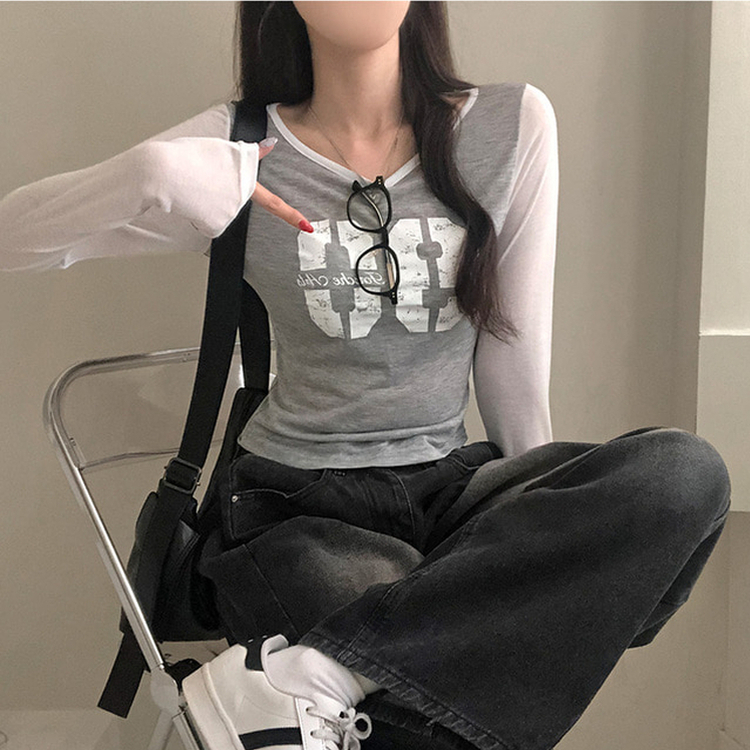 배색 90 뒷트임 긴팔 티셔츠 그레이