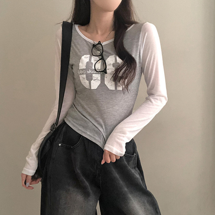 배색 90 뒷트임 긴팔 티셔츠 그레이