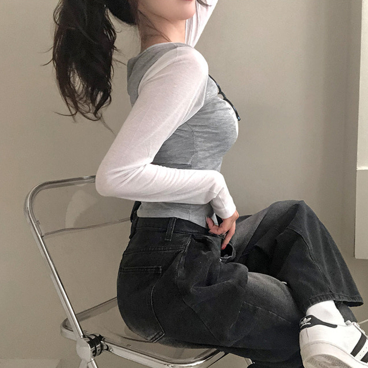 배색 90 뒷트임 긴팔 티셔츠 그레이