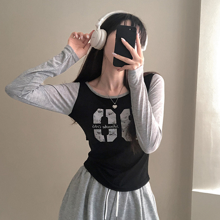 배색 90 뒷트임 긴팔 티셔츠 블랙