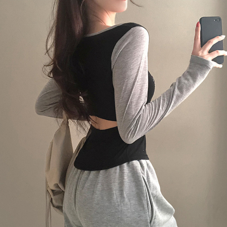 배색 90 뒷트임 긴팔 티셔츠 블랙