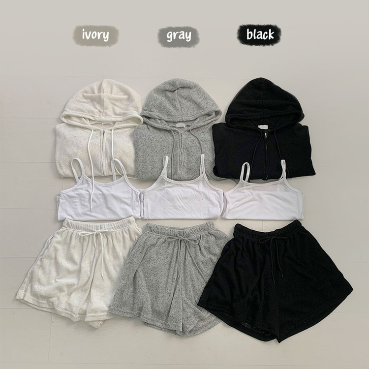 SET】リネンフードジップアップ キャミソール ショートパンツ 