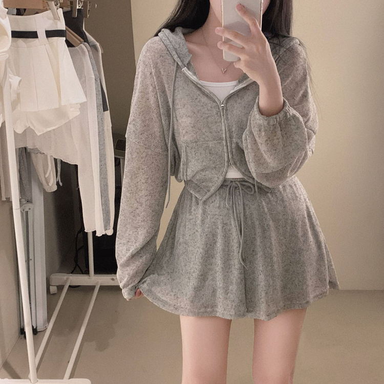 SET】リネンフードジップアップ キャミソール ショートパンツ 