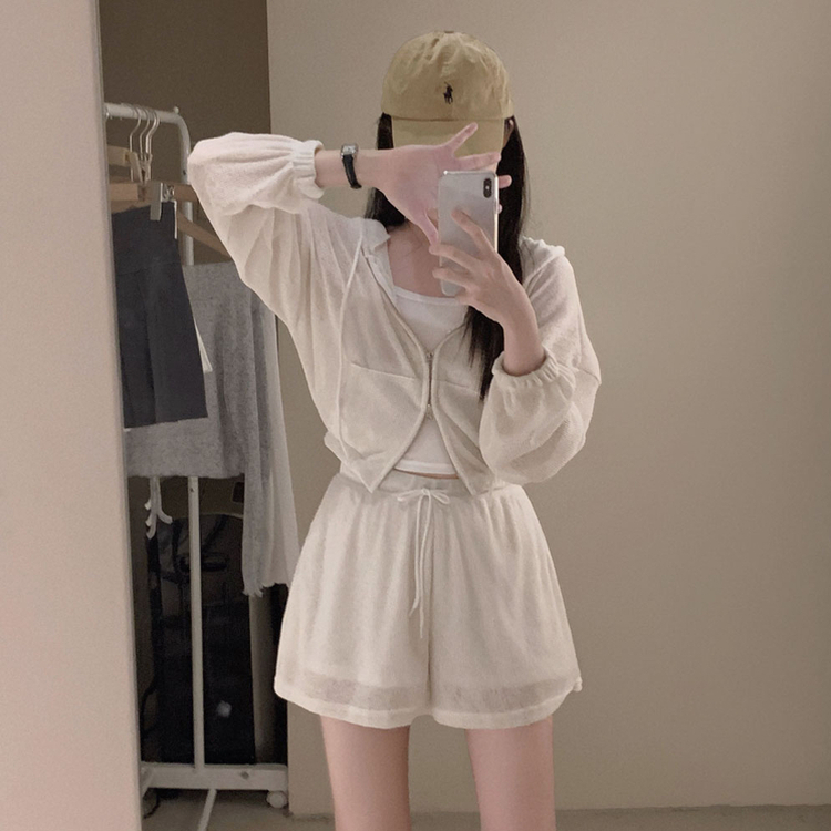 SET】リネンフードジップアップ キャミソール ショートパンツ 