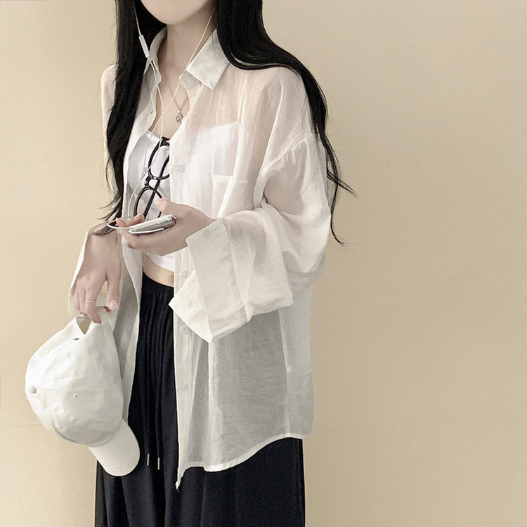 독보적색감 딥블루 시스루 포켓 오버핏 거즈 긴팔 여름 셔츠 살탐방지 살안타템 남방 빅사이즈 아이보리