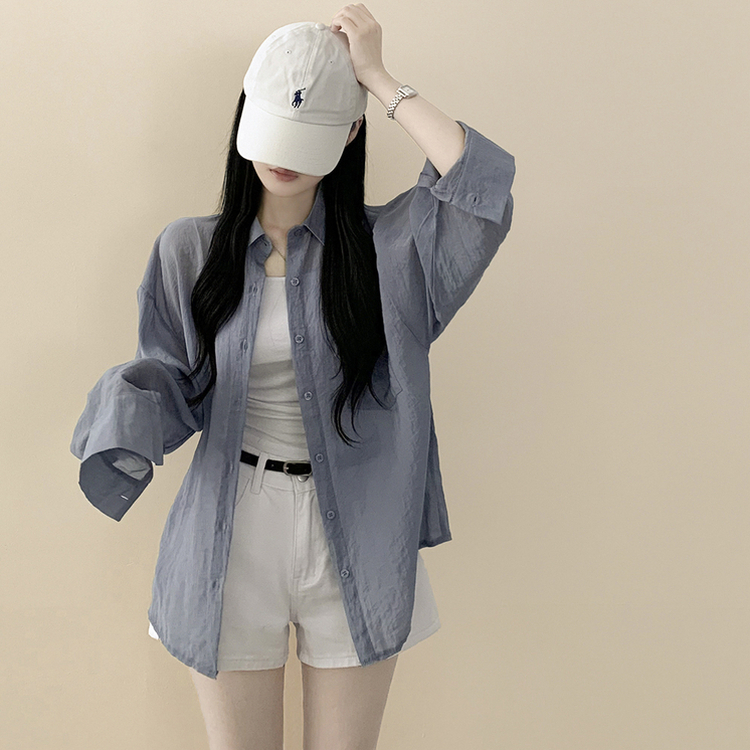 독보적색감 딥블루 시스루 포켓 오버핏 거즈 긴팔 여름 셔츠 살탐방지 살안타템 남방 빅사이즈 딥블루