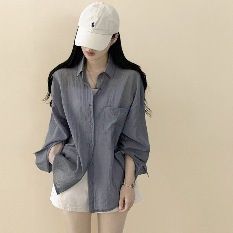 독보적색감 딥블루 시스루 포켓 오버핏 거즈 긴팔 여름 셔츠 살탐방지 살안타템 남방 빅사이즈 딥블루