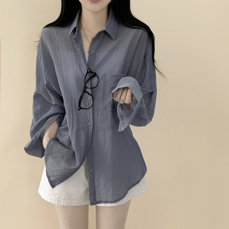 독보적색감 딥블루 시스루 포켓 오버핏 거즈 긴팔 여름 셔츠 살탐방지 살안타템 남방 빅사이즈 딥블루