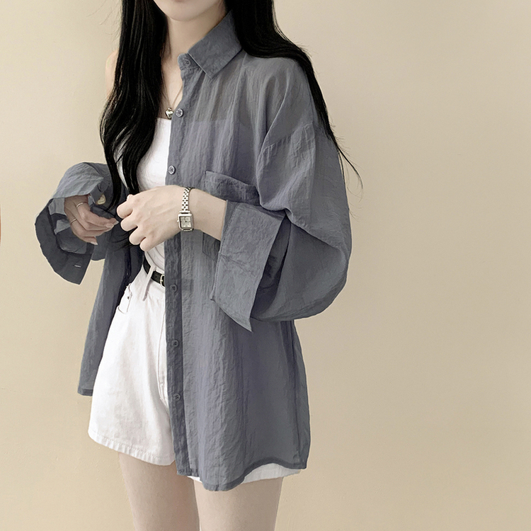 독보적색감 딥블루 시스루 포켓 오버핏 거즈 긴팔 여름 셔츠 살탐방지 살안타템 남방 빅사이즈 딥블루