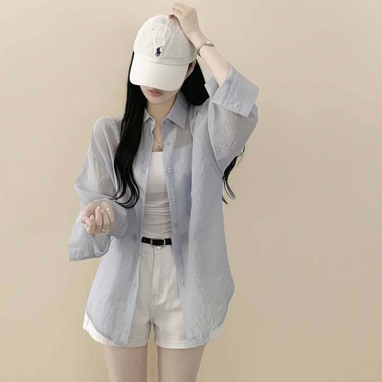 독보적색감 딥블루 시스루 포켓 오버핏 거즈 긴팔 여름 셔츠 살탐방지 살안타템 남방 빅사이즈 라이트블루