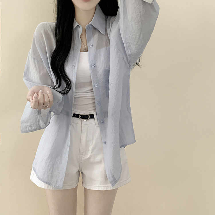 독보적색감 딥블루 시스루 포켓 오버핏 거즈 긴팔 여름 셔츠 살탐방지 살안타템 남방 빅사이즈 라이트블루