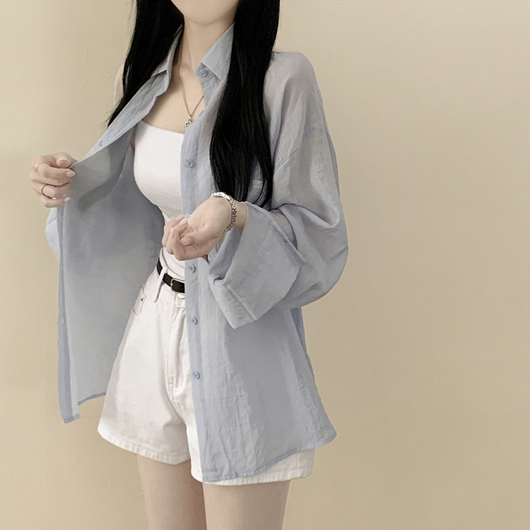 독보적색감 딥블루 시스루 포켓 오버핏 거즈 긴팔 여름 셔츠 살탐방지 살안타템 남방 빅사이즈 라이트블루