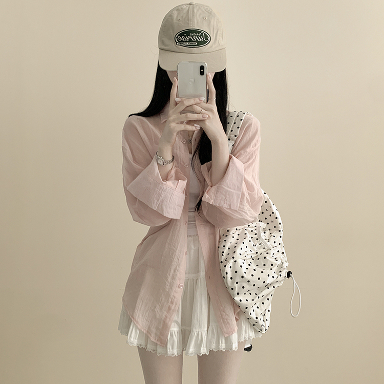 독보적색감 딥블루 시스루 포켓 오버핏 거즈 긴팔 여름 셔츠 살탐방지 살안타템 남방 빅사이즈 핑크