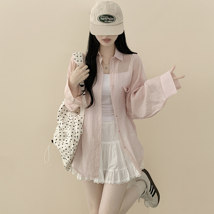 독보적색감 딥블루 시스루 포켓 오버핏 거즈 긴팔 여름 셔츠 살탐방지 살안타템 남방 빅사이즈 핑크