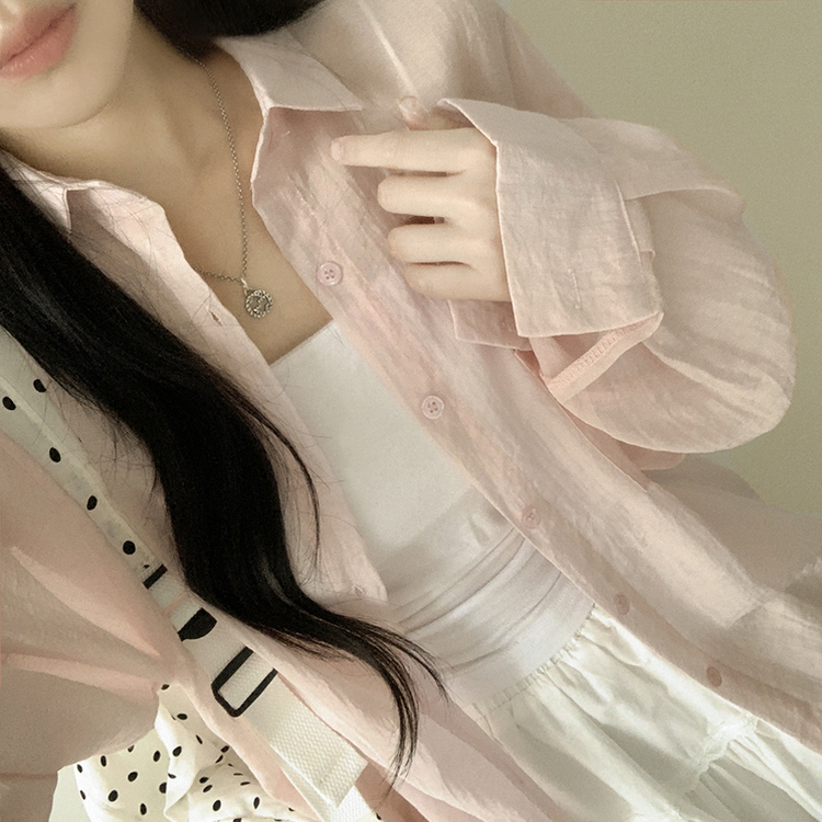 독보적색감 딥블루 시스루 포켓 오버핏 거즈 긴팔 여름 셔츠 살탐방지 살안타템 남방 빅사이즈 핑크