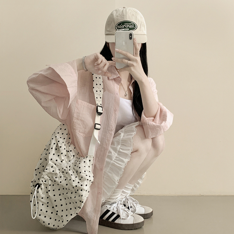 독보적색감 딥블루 시스루 포켓 오버핏 거즈 긴팔 여름 셔츠 살탐방지 살안타템 남방 빅사이즈 핑크