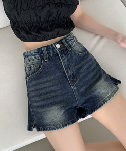 サイドスリットデニムショートパンツ DEEP DENIM