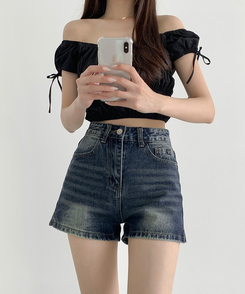 サイドスリットデニムショートパンツ DEEP DENIM