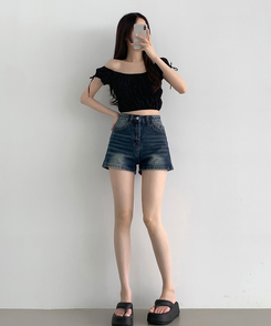 サイドスリットデニムショートパンツ DEEP DENIM