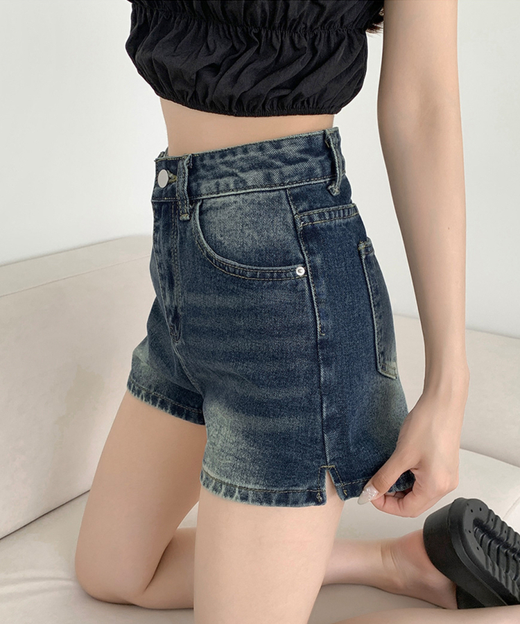 サイドスリットデニムショートパンツ DEEP DENIM