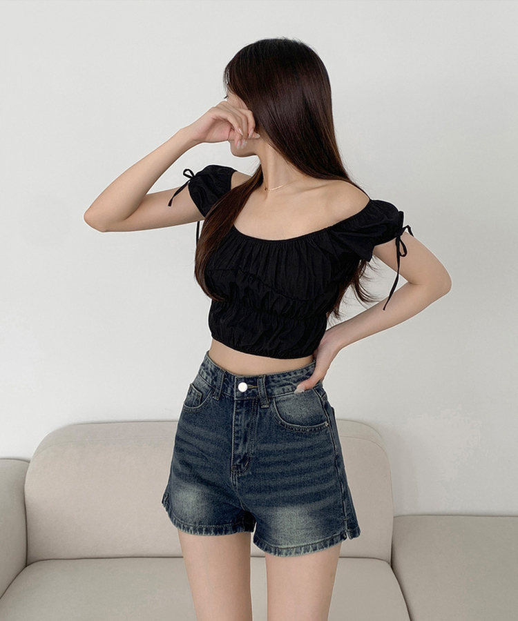 サイドスリットデニムショートパンツ DEEP DENIM