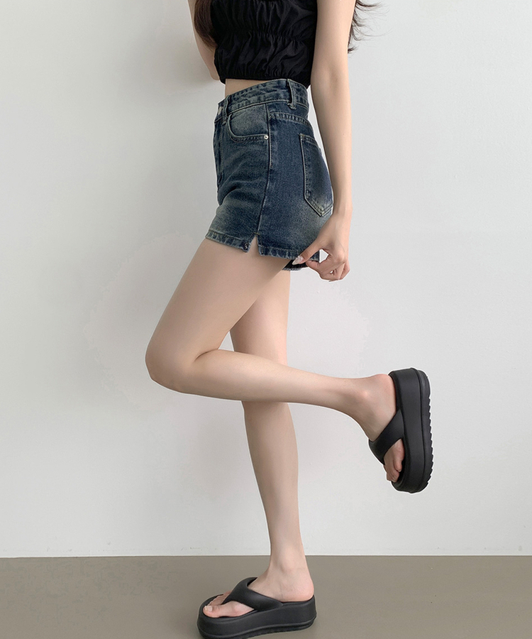 サイドスリットデニムショートパンツ DEEP DENIM