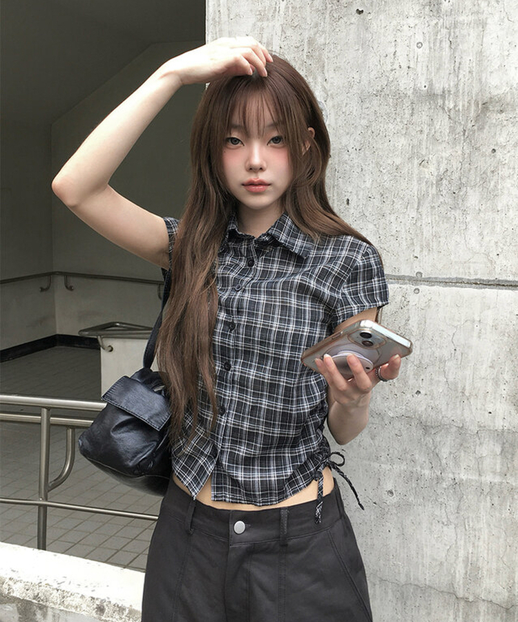 ストリングチェック半袖シャツ|シャツ|韓国ファッション通販 SONA ストリングチェック半袖シャツ|シャツ|韓国ファッション通販 SONA