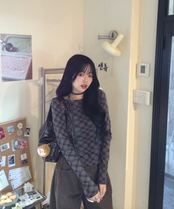 【タイ】シャーリングチェック長袖Tシャツ CHARCOAL