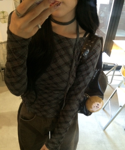 【タイ】シャーリングチェック長袖Tシャツ CHARCOAL