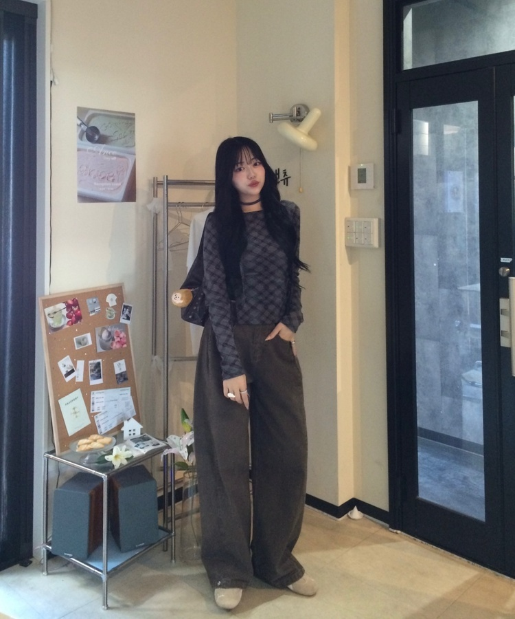 【タイ】シャーリングチェック長袖Tシャツ CHARCOAL