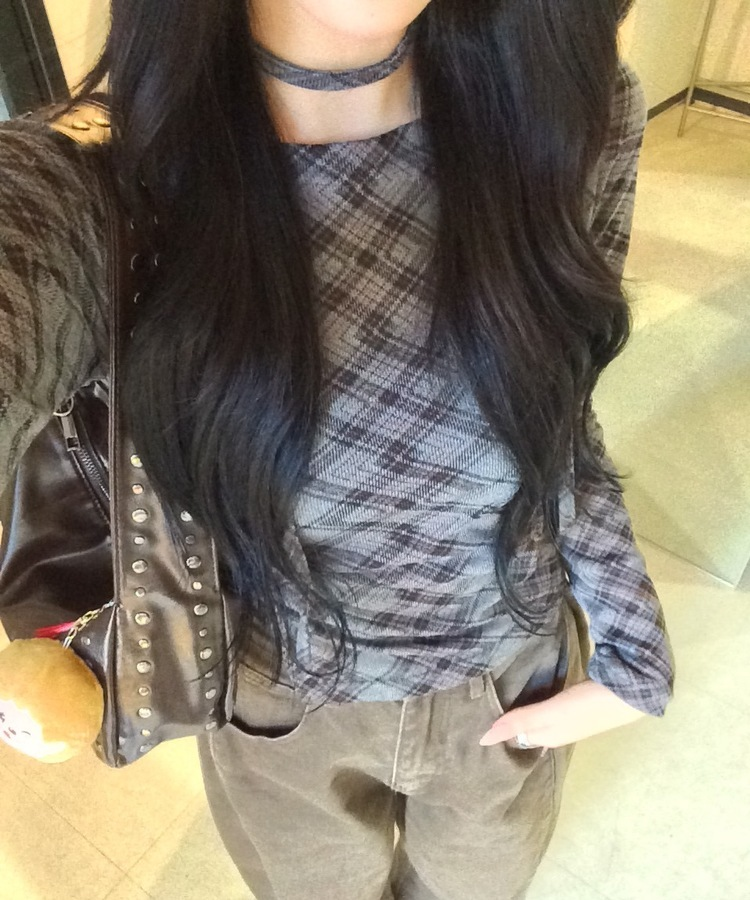 【タイ】シャーリングチェック長袖Tシャツ CHARCOAL