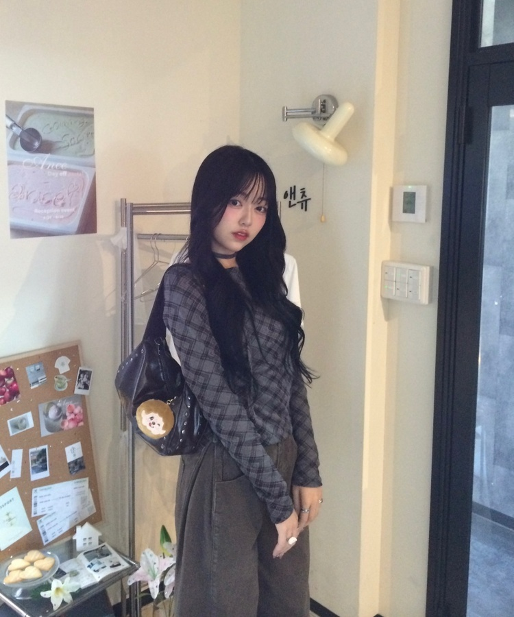 【タイ】シャーリングチェック長袖Tシャツ CHARCOAL