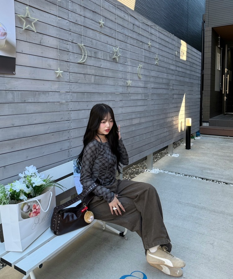 【タイ】シャーリングチェック長袖Tシャツ CHARCOAL