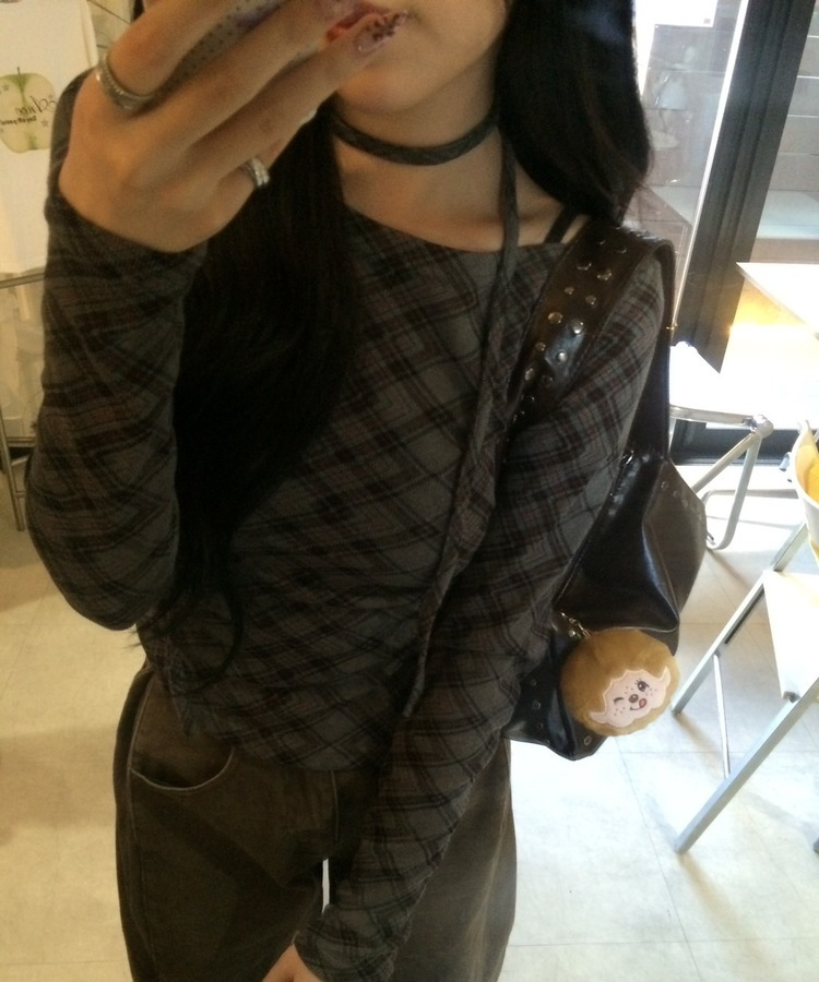 【タイ】シャーリングチェック長袖Tシャツ CHARCOAL