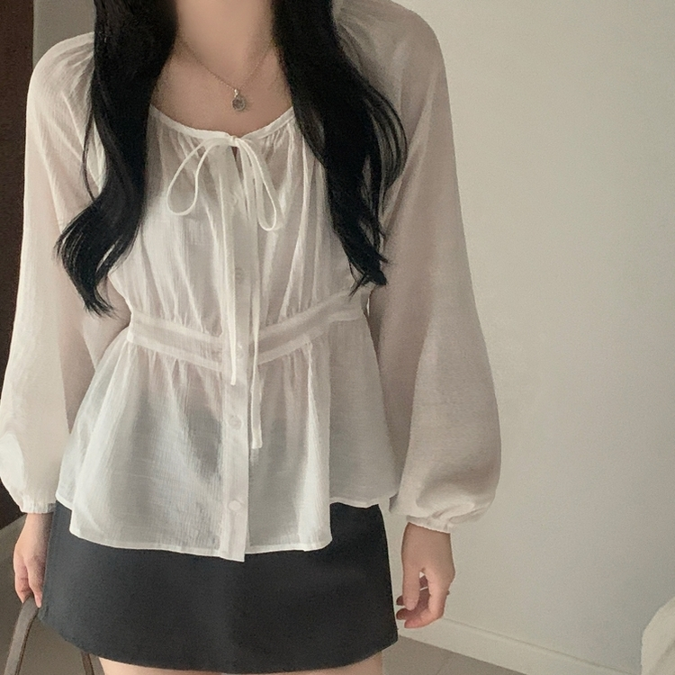 이퓨 스트랩 리본 시스루 퍼프 긴팔 블라우스 3color 아이보리