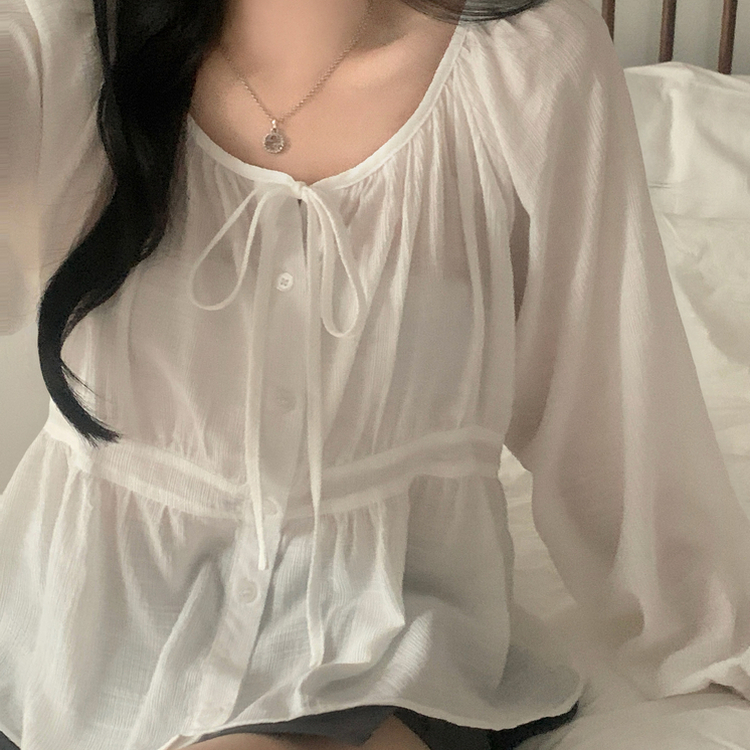 이퓨 스트랩 리본 시스루 퍼프 긴팔 블라우스 3color 아이보리